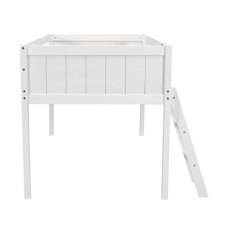 White Twin Size Low Loft Bed with Ladder & Fence Baffle