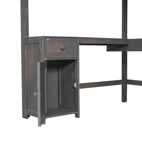 Antique Brown Full Size Solid Wood Loft Bed with Desk, Blackboard, and Drawers