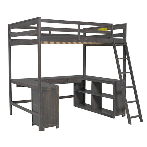 Antique Brown Full Size Solid Wood Loft Bed with Desk, Blackboard, and Drawers
