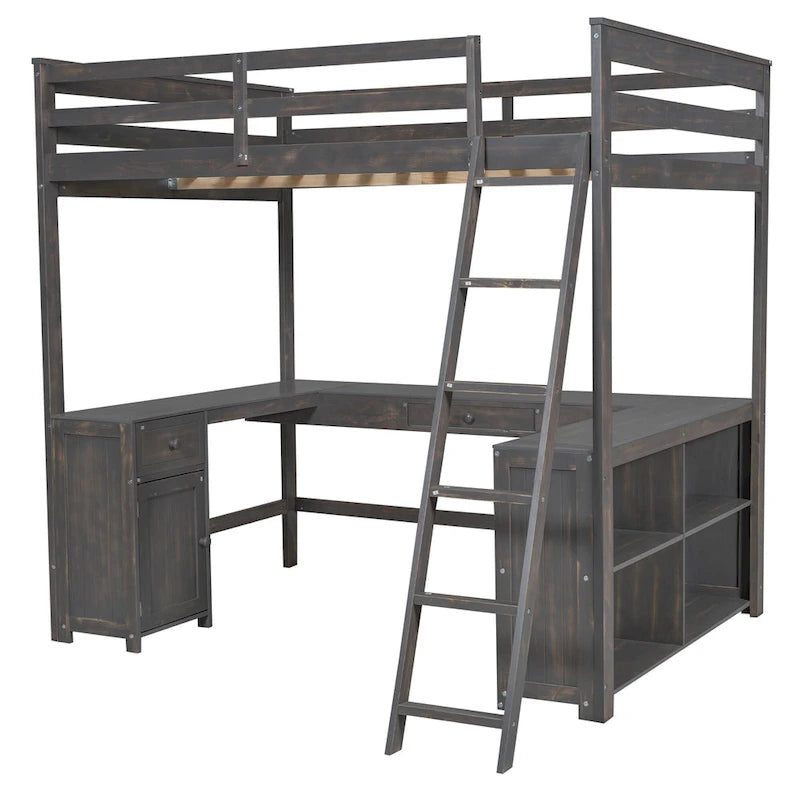 Antique Brown Full Size Solid Wood Loft Bed with Desk, Blackboard, and Drawers