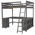 Antique Brown Full Size Solid Wood Loft Bed with Desk, Blackboard, and Drawers
