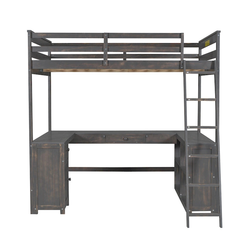 Antique Brown Full Size Solid Wood Loft Bed with Desk, Blackboard, and Drawers