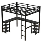 Black Full Size Metal Loft Bed with Desk, Shelves & Guardrails