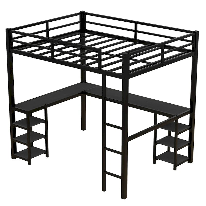 Black Full Size Metal Loft Bed with Desk, Shelves & Guardrails