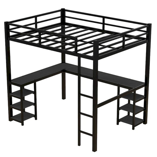 Black Full Size Metal Loft Bed with Desk, Shelves & Guardrails