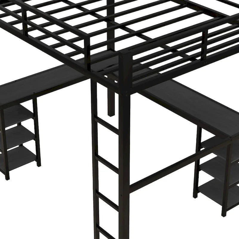 Black Full Size Metal Loft Bed with Desk, Shelves & Guardrails