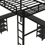 Black Full Size Metal Loft Bed with Desk, Shelves & Guardrails