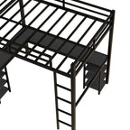 Black Full Size Metal Loft Bed with Desk, Shelves & Guardrails