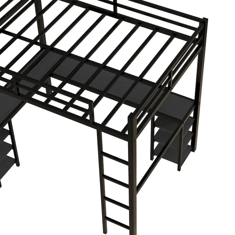 Black Full Size Metal Loft Bed with Desk, Shelves & Guardrails