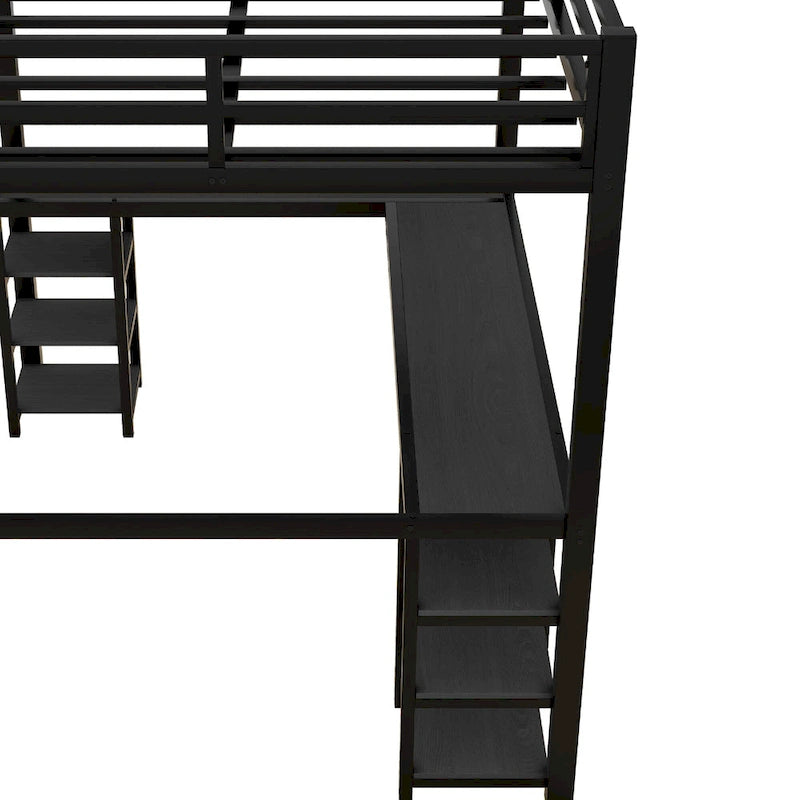 Black Full Size Metal Loft Bed with Desk, Shelves & Guardrails