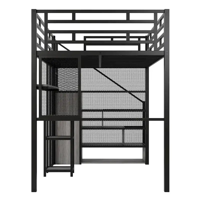 Black Full Size Metal Loft Bed with Wardrobe, Desk, and Storage Shelves