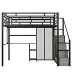 Black Full Size Metal Loft Bed with Wardrobe, Desk, and Storage Shelves