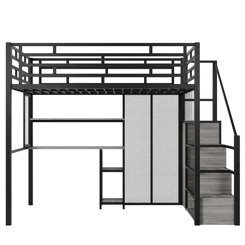Black Full Size Metal Loft Bed with Wardrobe, Desk, and Storage Shelves