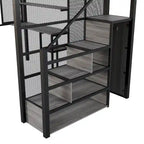 Black Full Size Metal Loft Bed with Wardrobe, Desk, and Storage Shelves
