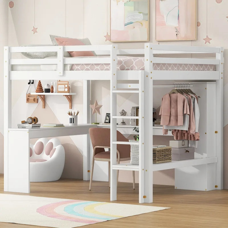 White Full Size Solid Wood Loft Bed with L-shaped Desk & Storage