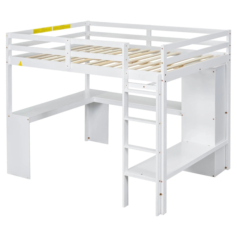 White Full Size Solid Wood Loft Bed with L-shaped Desk & Storage