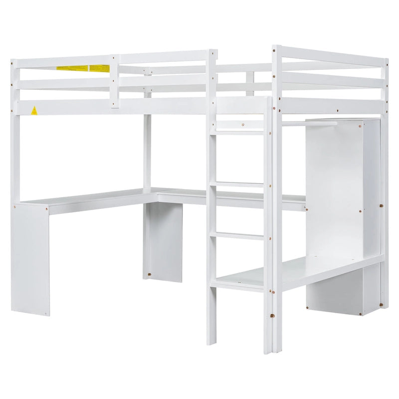 White Full Size Solid Wood Loft Bed with L-shaped Desk & Storage