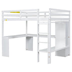 White Full Size Solid Wood Loft Bed with L-shaped Desk & Storage