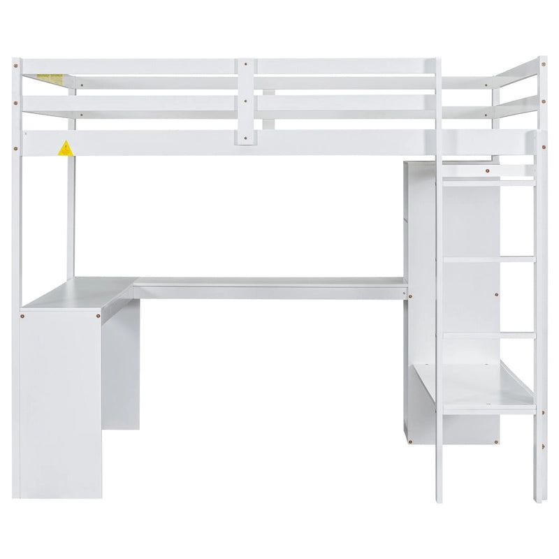 White Full Size Solid Wood Loft Bed with L-shaped Desk & Storage