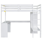 White Full Size Solid Wood Loft Bed with L-shaped Desk & Storage