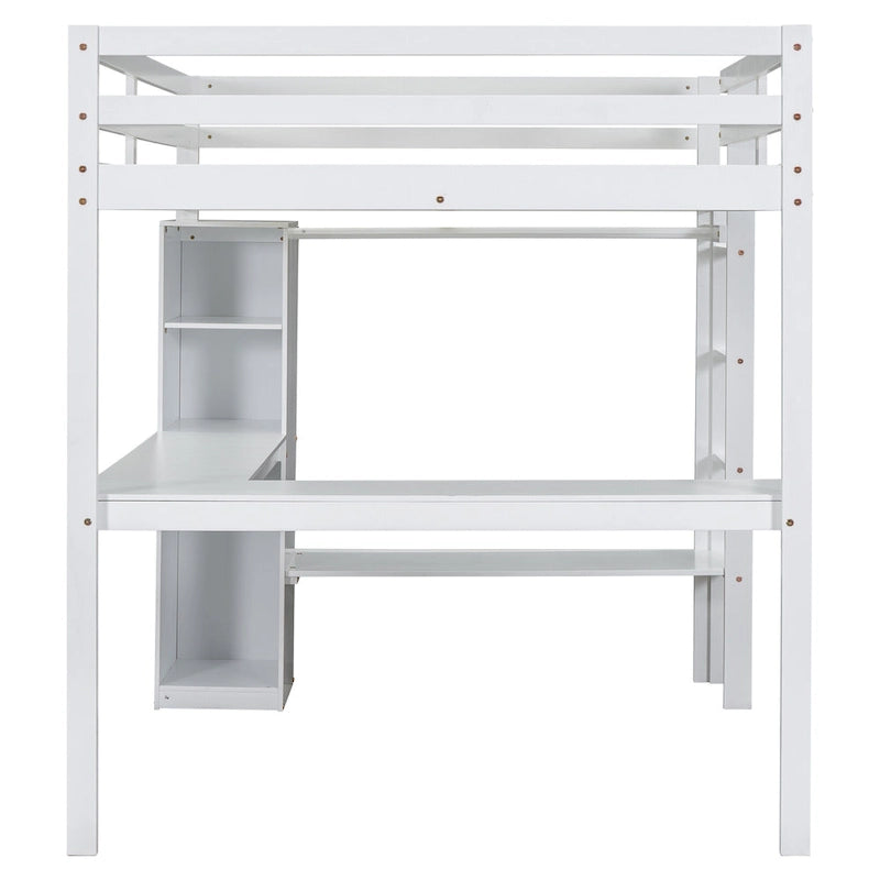 White Full Size Solid Wood Loft Bed with L-shaped Desk & Storage