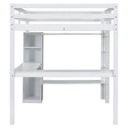 White Full Size Solid Wood Loft Bed with L-shaped Desk & Storage