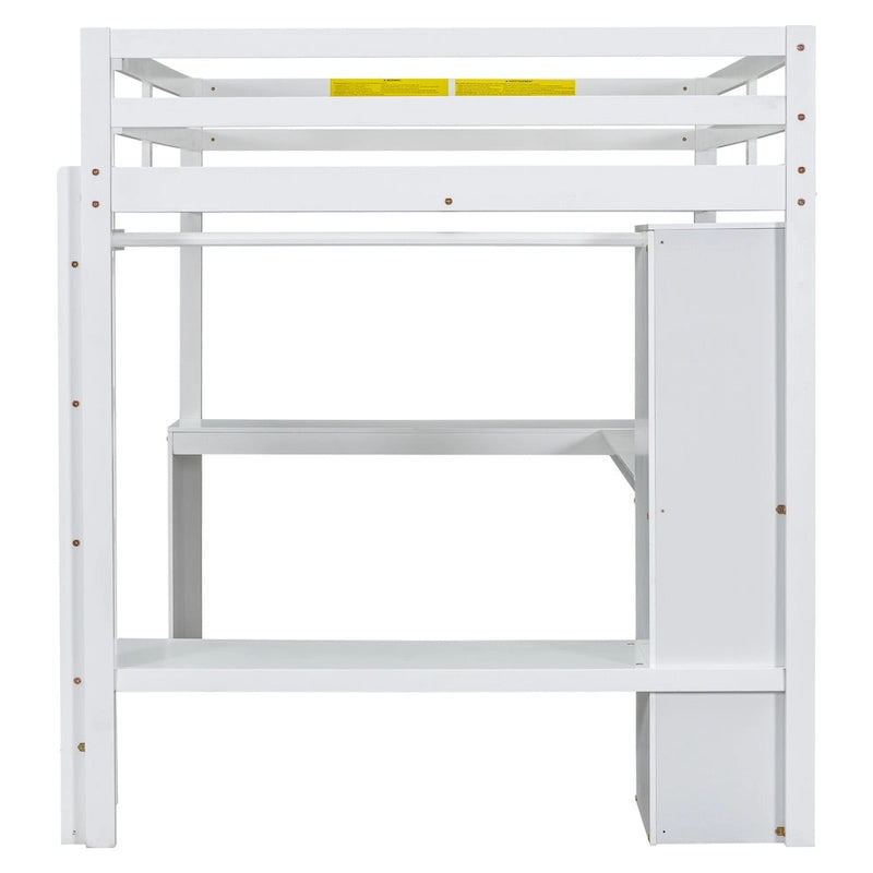 White Full Size Solid Wood Loft Bed with L-shaped Desk & Storage