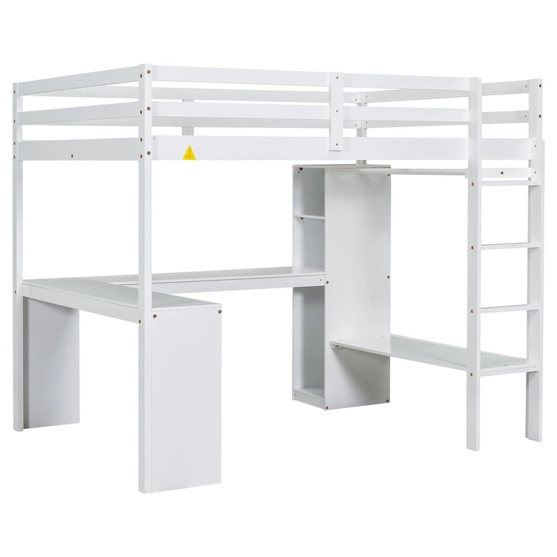 White Full Size Solid Wood Loft Bed with L-shaped Desk & Storage