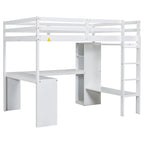 White Full Size Solid Wood Loft Bed with L-shaped Desk & Storage