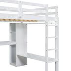 White Full Size Solid Wood Loft Bed with L-shaped Desk & Storage