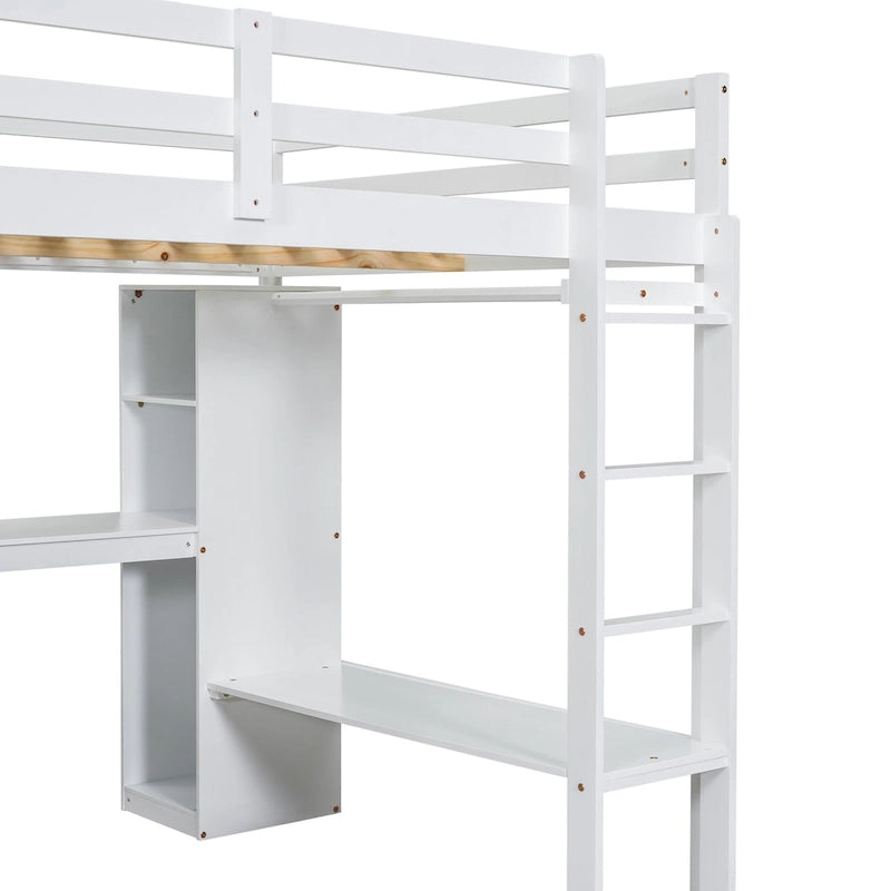 White Full Size Solid Wood Loft Bed with L-shaped Desk & Storage