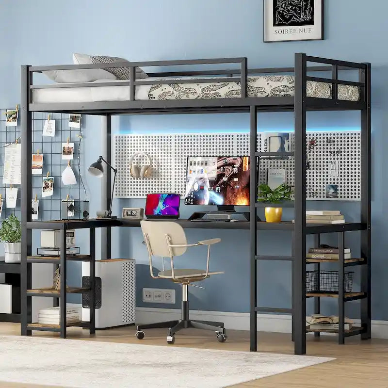 Black Twin XL Size Metal Loft Bed with Desk, Shelves, Ladder, and Guardrails
