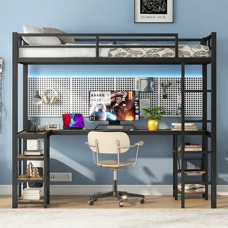Black Twin XL Size Metal Loft Bed with Desk, Shelves, Ladder, and Guardrails
