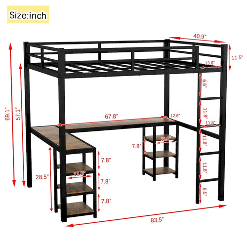 Letto a soppalco in metallo nero Twin XL con scrivania, mensole, scala e sponde di protezione