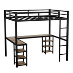 Black Twin XL Size Metal Loft Bed with Desk, Shelves, Ladder, and Guardrails