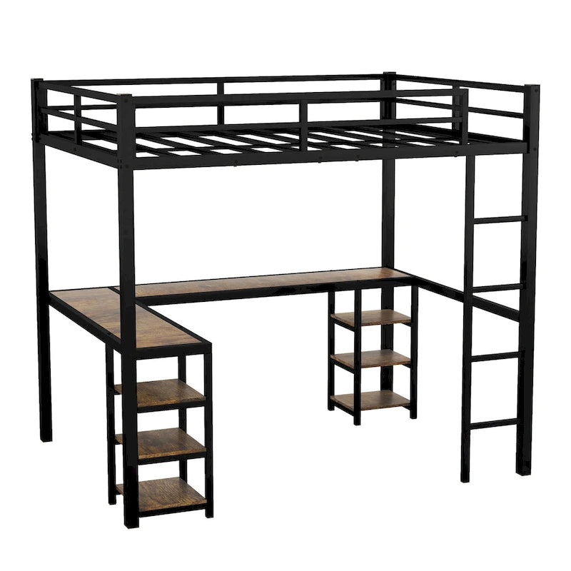 Black Twin XL Size Metal Loft Bed with Desk, Shelves, Ladder, and Guardrails
