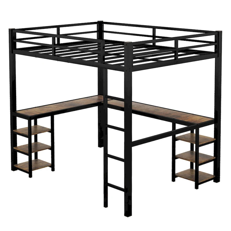 Black Twin XL Size Metal Loft Bed with Desk, Shelves, Ladder, and Guardrails