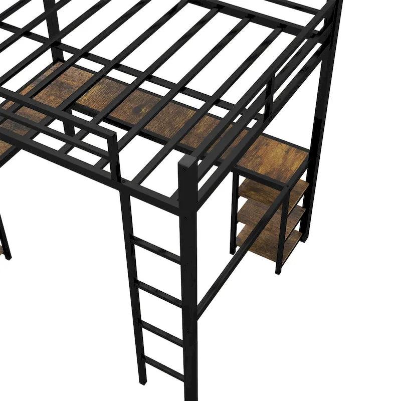 Black Twin XL Size Metal Loft Bed with Desk, Shelves, Ladder, and Guardrails