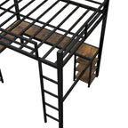 Black Twin XL Size Metal Loft Bed with Desk, Shelves, Ladder, and Guardrails