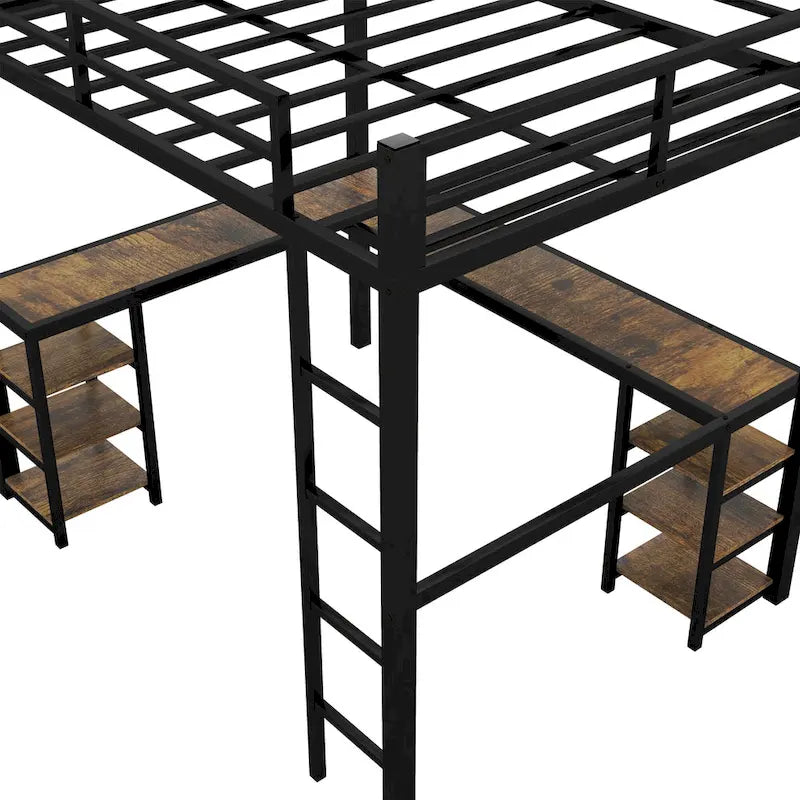 Black Twin XL Size Metal Loft Bed with Desk, Shelves, Ladder, and Guardrails