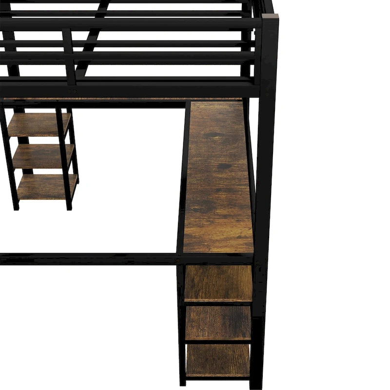 Black Twin XL Size Metal Loft Bed with Desk, Shelves, Ladder, and Guardrails