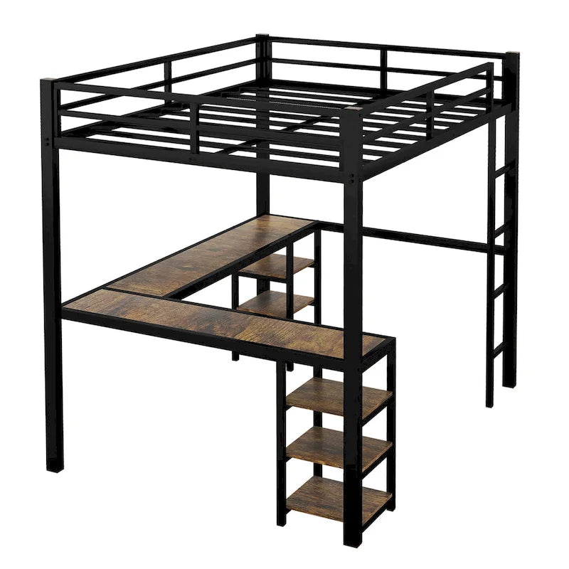 Black Twin XL Size Metal Loft Bed with Desk, Shelves, Ladder, and Guardrails