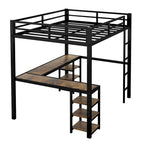 Black Twin XL Size Metal Loft Bed with Desk, Shelves, Ladder, and Guardrails