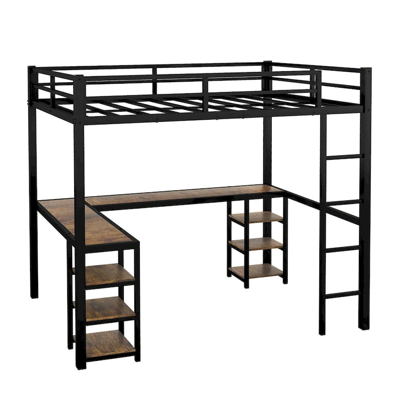 Black Twin XL Size Metal Loft Bed with Desk, Shelves, Ladder, and Guardrails