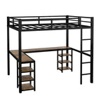 Black Twin XL Size Metal Loft Bed with Desk, Shelves, Ladder, and Guardrails