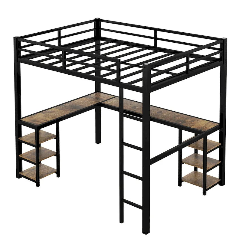 Black Twin XL Size Metal Loft Bed with Desk, Shelves, Ladder, and Guardrails