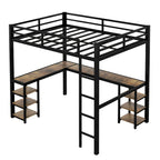 Black Twin XL Size Metal Loft Bed with Desk, Shelves, Ladder, and Guardrails