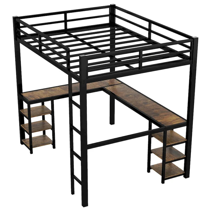 Black Twin XL Size Metal Loft Bed with Desk, Shelves, Ladder, and Guardrails