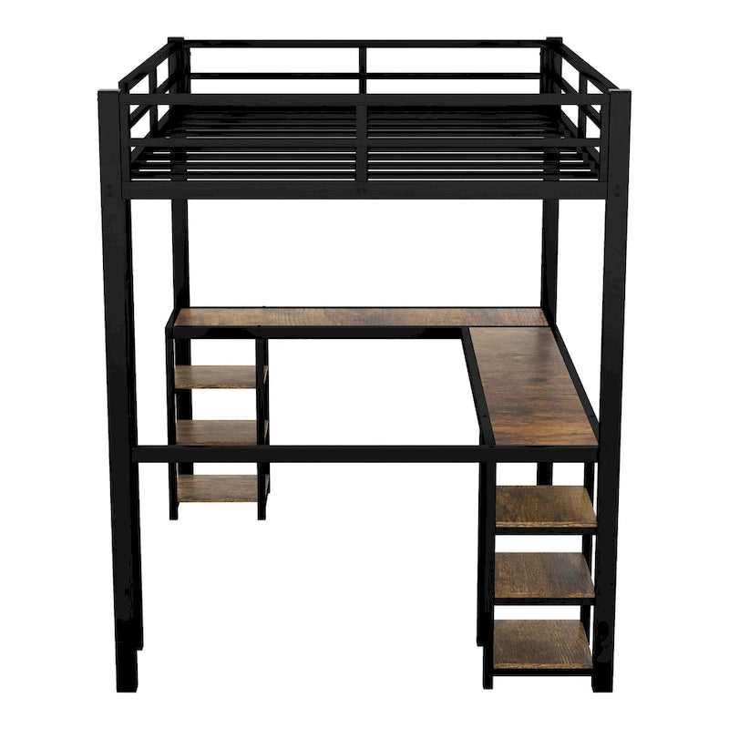 Black Twin XL Size Metal Loft Bed with Desk, Shelves, Ladder, and Guardrails
