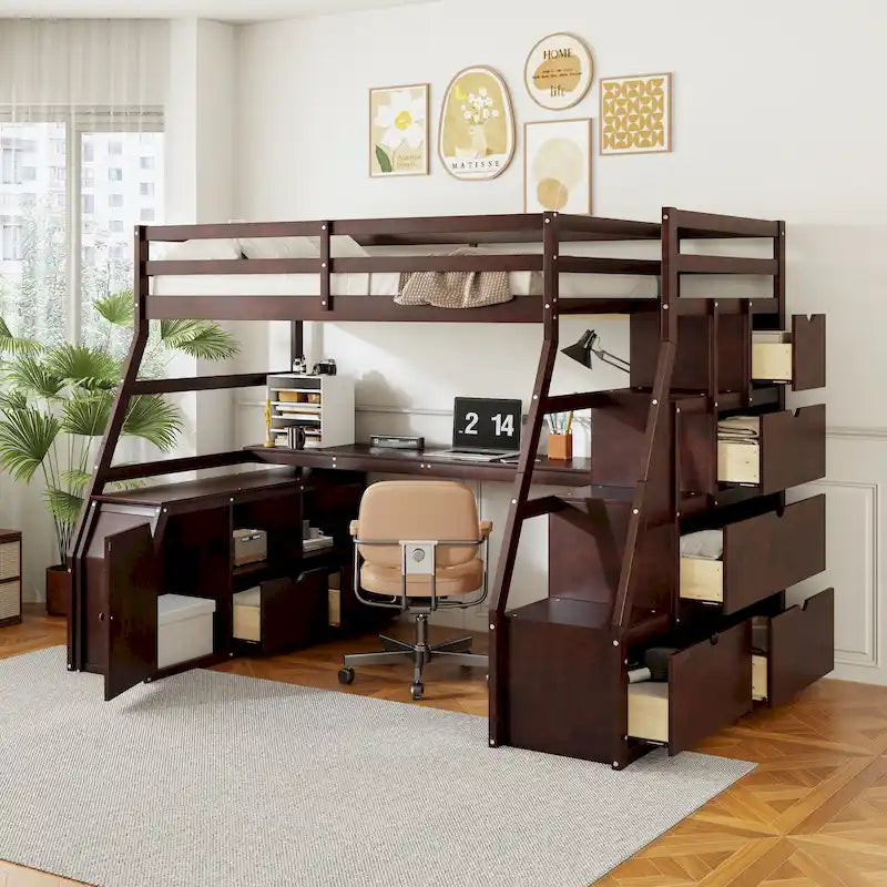 Espresso Full Pine Loft Bed with Desk and Storage